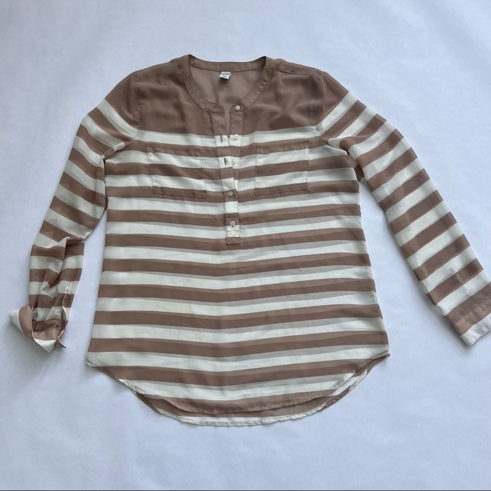 Tan and Ivory Striped Button Down Sheer Old Navy top